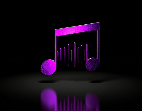  A striking 3D rendering of a musical note, textured in a brilliant metallic purple, pulsating with integrated sound wave graphics. Set against a dark, reflective background, it symbolizes digital mus