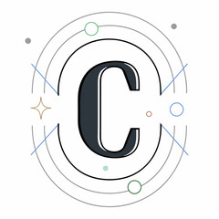 Poster - A stylized initial 'C' design set within concentric circles and minimalist cosmic elements creates a modern and adaptable graphic suitable for logos, branding, or monograms with a sophisticated touch.