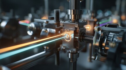 Aufkleber - Interconnected optical fibers guiding laser paths within a sophisticated experimental setup, showcasing the intricate network of components and controlled light manipulation in advanced research
