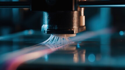 Poster - Close up of a 3d printer extruding plant based filament, capturing the filament's texture and the intricacy of its layering as it builds a biodegradable object in a technologically advanced setting