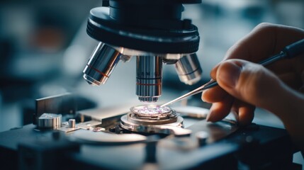 Poster - Watchmaker meticulously secures a sapphire crystal onto a watch movement under a microscope, utilizing specialized tools for precise placement and alignment
