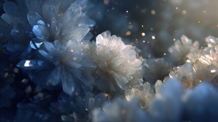 Poster - Protein crystals are growing in a crystallization chamber, illuminated by soft, diffused light, emphasizing their delicate structure and growth process