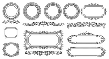 Poster - Collection of elegant black and white ornate frames and borders, perfect for adding a vintage or classic touch to your designs, invitations, or other projects needing a decorative element.