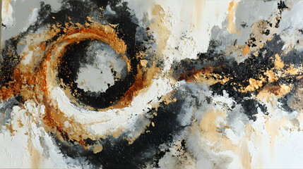Poster - Black and orange abstract painting with a white background. The painting has a lot of texture and seems to be a representation of a vortex or a swirling pattern