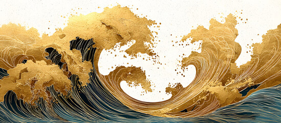 Poster - White background with a gold wave. The wave is curving and has a lot of detail