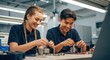 © DigitalSpace - Two smiling young engineers are assembling an electronic device in a brightly lit laboratory, showcasing teamwork and innovation in modern technology