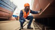 © DigitalSpace - African american marine engineer crouching, inspecting the hull of a large ship in dry dock, ensuring structural integrity and adherence to maritime safety standards