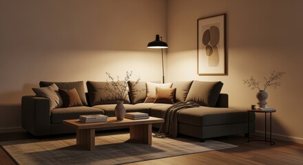Leinwandbilder - Stylish living room corner highlighting clean lines subtle earth tones and warm ambient lighting.