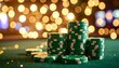© Karo - Green poker chips stacked on a green table.  Bokeh lights in the background