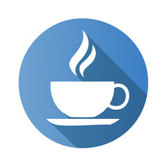 Poster - White cup of coffee with steam on a blue circle with a long shadow, depicting freshness, warmth and comfort.