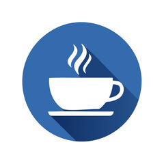 Poster - Stylized Coffee Cup Icon on Blue Circle Button Hot Drink Symbol Graphic