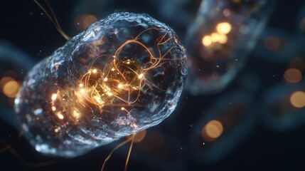 Poster - Scientific visualization depicting magnetic gel components self assembling into transparent luminescent capsule, highlighting advanced research innovation in nanotechnology