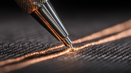 Poster - Metallic pen precisely drawing conductive ink onto flexible fabric, transforming textile into advanced electronic circuit for innovative wearable technology prototype