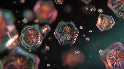 Poster - Microscopic quantum dots, with intricate structures, emit and absorb photons under polarized light, showcasing their behavior and contribution to photon recycling