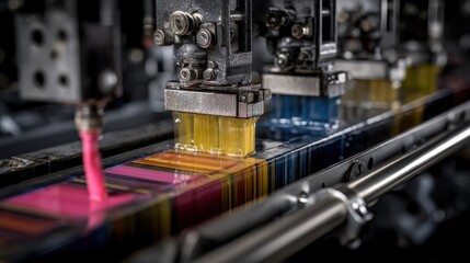Poster - Automated industrial printing machine layering colorful inks onto a surface, showcasing precision and innovative technology in modern printing process