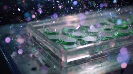 Poster - Emerald semiconductor wafers receiving gentle spray spray inside holographic booth, demonstrating precise thermal stabilization and cooling within controlled laboratory environment