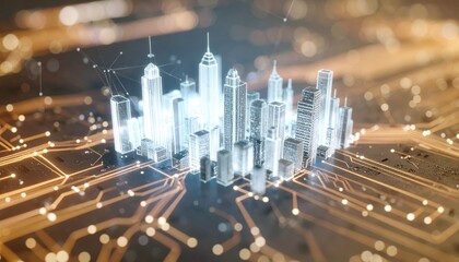 Poster - futuristic digital cityscape with glowing skyscrapers interconnected by data lines representing technology and innovation in a vibrant high-tech environment