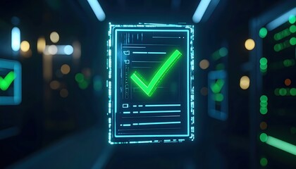 Poster - futuristic digital security verification concept with glowing checkmark on AI technology interface in a high tech environment
