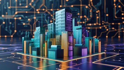 Poster - Digital futuristic cityscape with glowing high-rise buildings and interconnected circuit board background representing smart technology and innovative urban design