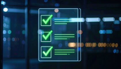 Poster - Digital checklist interface with illuminated checkmarks on transparent screen in dark modern office background for productivity organization and task management