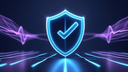 Poster - Neon Shield with Checkmark Symbol Representing Security Protection, Digital Security Concept, and Cybersecurity Assurance in a Futuristic Style