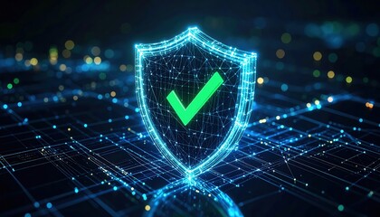 Poster - Digital security shield with a check mark symbol representing cybersecurity protection and data safety in a futuristic technological environment