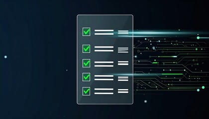 Poster - Modern digital document checklist with checkmarks and glowing circuit lines on dark background illustrating technology and data management concepts