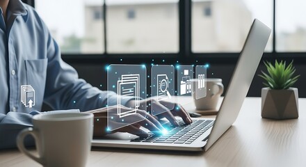 Poster - Digital Data Management & Cloud Computing on Laptop. Hands Typing with Virtual File Icons for Secure Information Transfer & Business Workflow.
