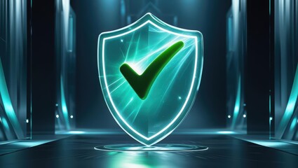 Poster - Digital shield with checkmark symbol representing security protection and cybersecurity in futuristic glowing environment for data safety