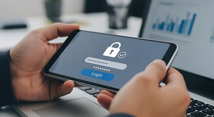 Poster - Secure mobile login: Hands holding smartphone with password input screen and padlock icon, symbolizing digital data protection and online security.