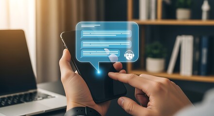 Poster - AI Chatbot Communication on Smartphone. Hands Interacting with Digital Assistant. Artificial Intelligence Technology.