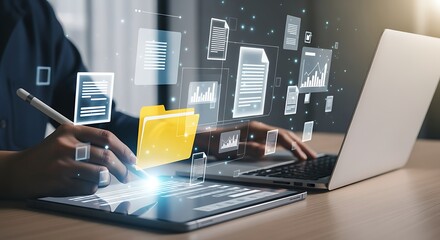 Poster - Digital Document Management & Data Organization. Person using laptop and tablet with virtual files and cloud technology.