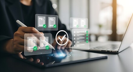 Poster - Businessperson managing digital documents on tablet with futuristic interface. Workflow automation, paperless office, and efficiency.