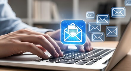 Poster - Digital Communication & Email Marketing Concept with Hands Typing on Laptop