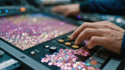 Poster - Close up of a technician's hands adjusting settings on a digital control panel, which is adorned with a scattering of iridescent sequins, creating a vibrant and unusual workspace