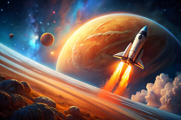 Wall Mural - A stylized illustration of a spaceship soaring above a vibrant orange planet against a starry night sky, capturing the essence of surreal space exploration