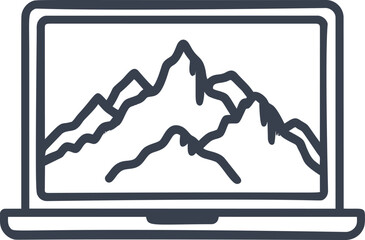 Aufkleber - Laptop displaying mountain landscape in monochrome line art style. Vector illustration