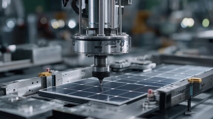 Poster - Robotic arm assembling a solar panel in a modern factory, showcasing precision and automation in renewable energy production for quality and efficiency