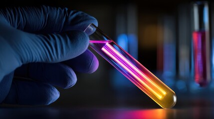 Poster - Gloved hand holds a test tube emitting a vibrant. Colorful glow. Suggesting scientific experimentation and discovery within a laboratory environment with other test tubes blurred in the background