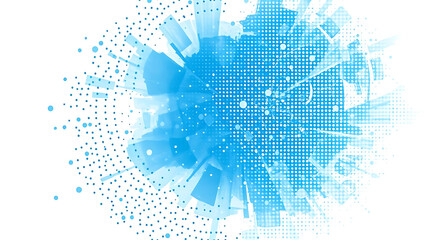 Poster - An abstract explosion of blue halftone dots and geometric shapes creates a dynamic and modern background isolated on white background