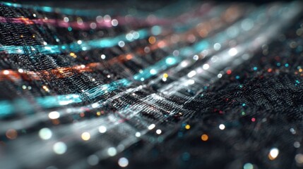 Poster - Silk fabric revealing intricate woven pattern with shimmering conductive metallic threads, highlighting innovative textile design bridging craftsmanship and advanced technological engineering
