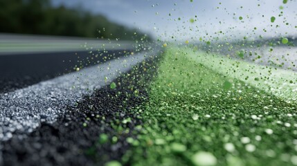 Wall Mural - Graphene enhanced green asphalt undergoing durability testing, showcasing innovative road surface with resilient particles bouncing under experimental conditions
