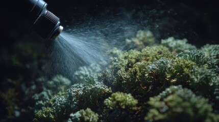 Poster - Bioinkjet nozzle spraying a fine mist of liquid onto a bed of lichen, demonstrating a controlled and precise dispersion method in a dark environment