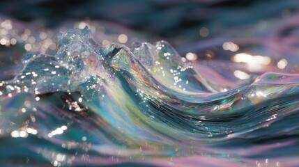 Poster - Artistic close up showcases the mesmerizing transformation of recycled pet plastic as it interacts with a liquid, creating iridescent waves and a dynamic visual effect