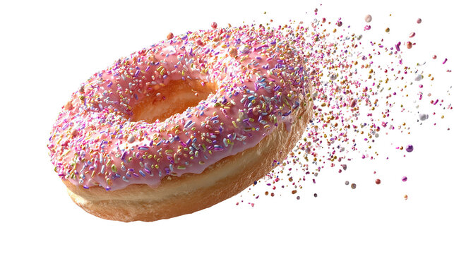Flying Frosted sprinkled donuts. Set of multicolored doughnuts with sprinkles isolate on color background. 3d rendering.