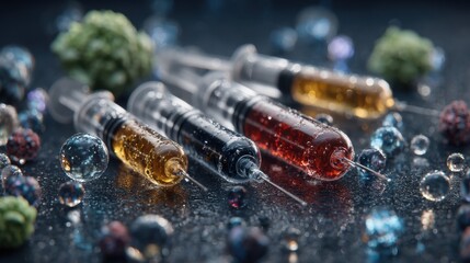 Poster - Wet syringes filled with colorful nutrient solutions lie on a dark surface next to scattered hydrogel spheres, showcasing the intricate tools of a capsule builder
