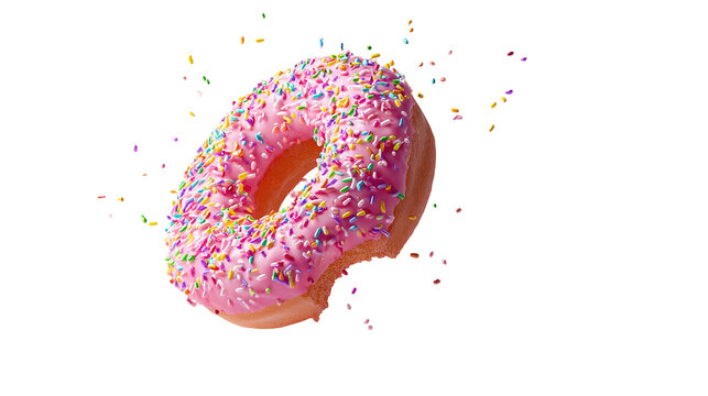 Flying Frosted sprinkled donuts. Set of multicolored doughnuts with sprinkles isolate on color background. 3d rendering.