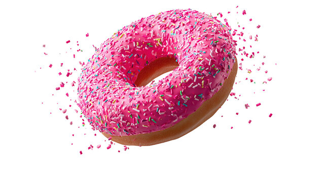 Flying Frosted sprinkled donuts. Set of multicolored doughnuts with sprinkles isolate on color background. 3d rendering.