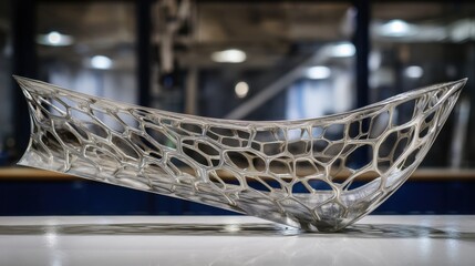 Poster - Complex interwoven patterns enhance strength and weight efficiency in marine design, showcased on a titanium yacht keel fresh from a 3d printer