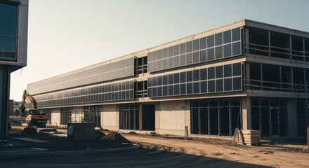 Poster - Construction site featuring a modern building adorned with integrated solar panels, highlighting sustainable energy practices and innovative approaches in urban development and architecture